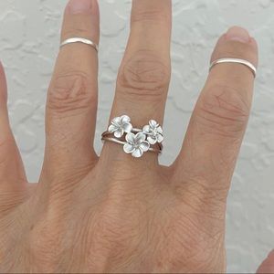 Sterling Silver Satin Plumeria Ring with One CZ, Hawaii Flowers, Floral Jewelry